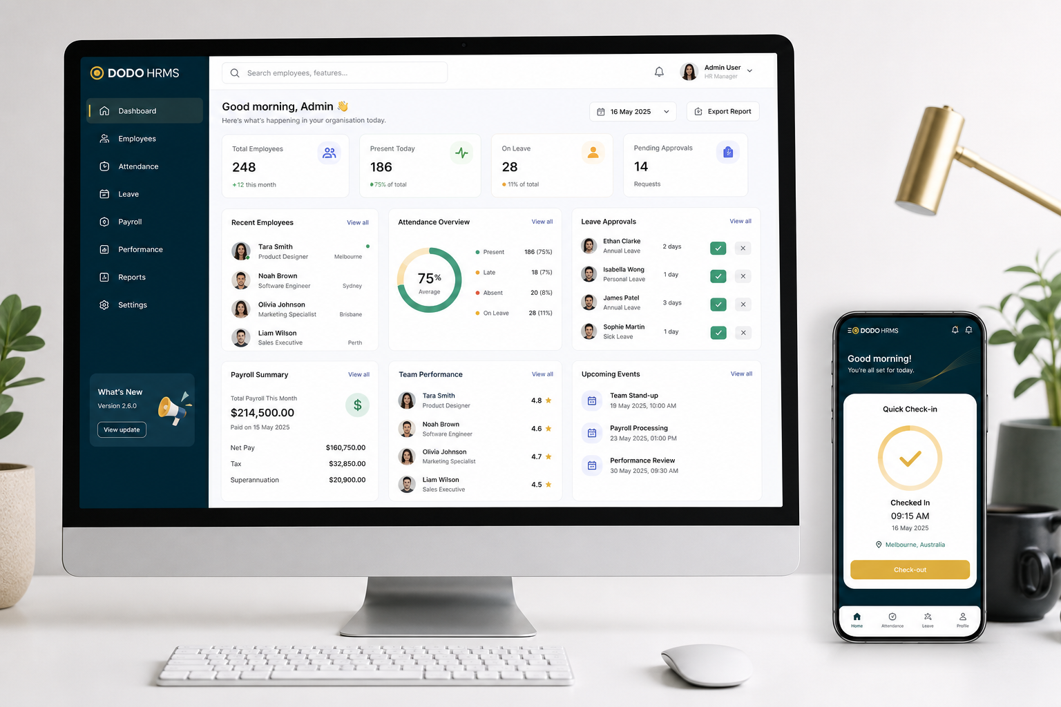DODO HRMS web and mobile dashboard mockup